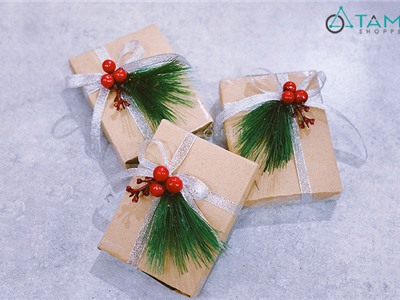 Hộp quà Handmade giấy Kraft gắn cherry đỏ H-HQUA-02